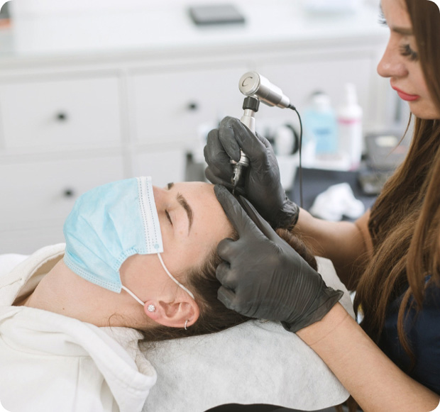 Spezialisten führt bei Patienten eine Haarpigmentierung für die Kurhaarfrisur durch