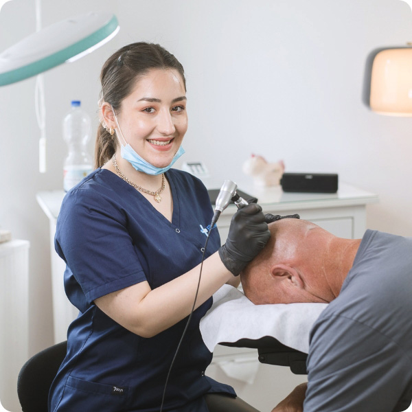 Spezialistin lächelnd bei der Haarpigmentierung bei einem männlichen Patienten