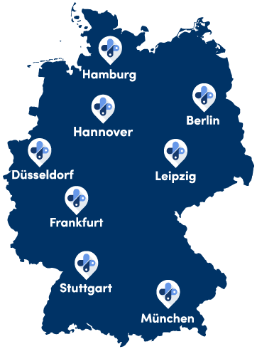 Die Elithair Standorte im Bundesgebiet auf einer Deutschlandkarte